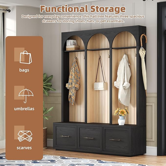 Merax Farmhouse Wood Hall Tree with 8 Hooks and Shoe Bench, Mudroom Versatile Coat Racks with 3 Drawers, Entrance Organizer for Hallway Black