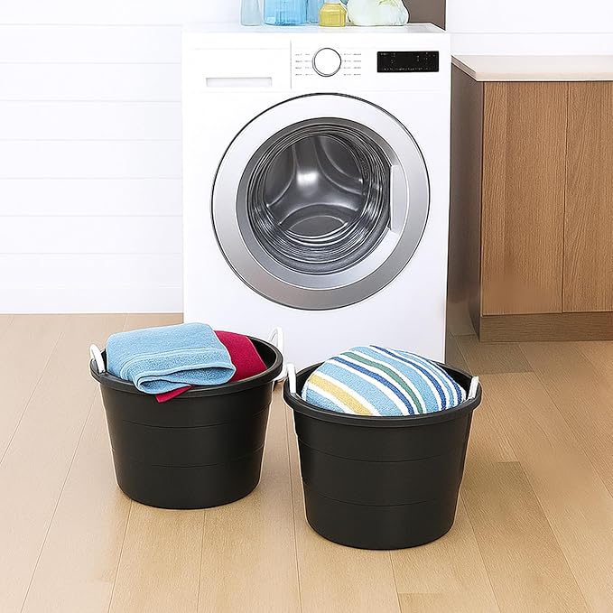 HOMZ 2-Pack Utility Tub, Large Plastic Storage Bucket with Rope Handles, 17 Gallon, Black - Portable Indoor and Outdoor Buckets for Kitchen, Laundry, Garden, Bathroom, and Garage Organization