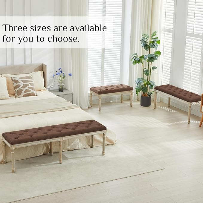 LOULENS 57.7" Linen Fabric End of Bed Bench, French Upholstered Button Tufted Bench for Bedroom End of Bed, Window Seat with Carved Wood Legs for Bedroom, Living Room, Entryway, Brown