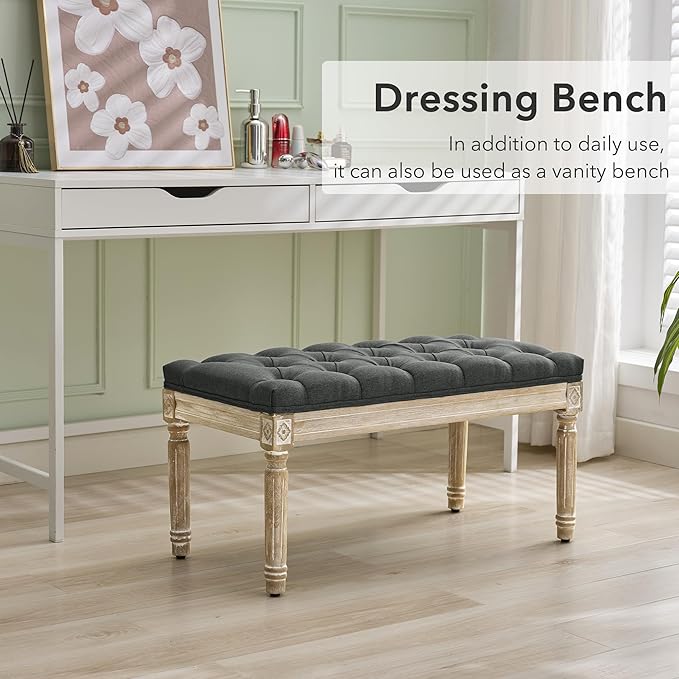 LOULENS French Vintage Entryway Bench, Linen Fabric Tufted Bench, Upholstered End of Bed Bench with Brushed Wood Legs, Dark Grey