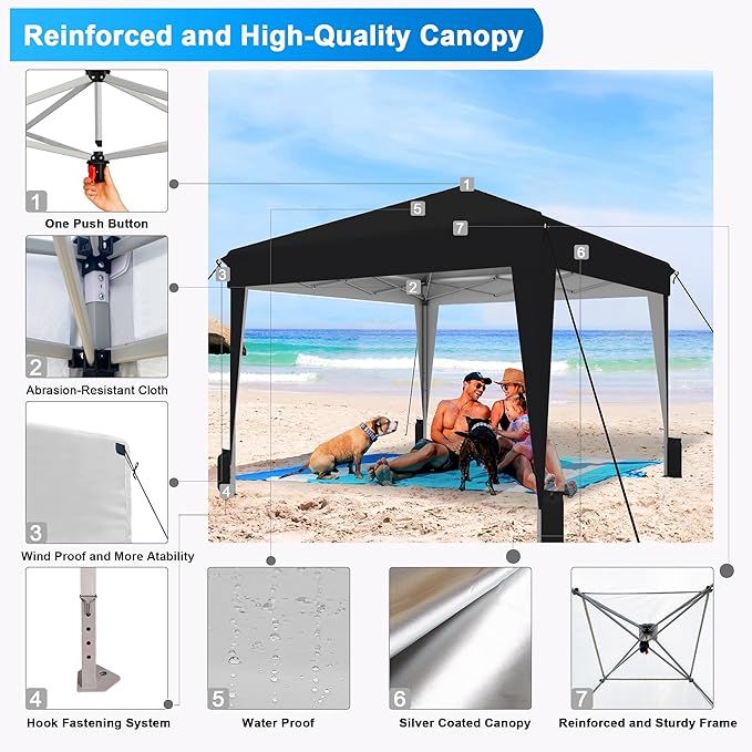 SANWAY 10x10 Pop up Canopy Tent, One-Button, Outdoor Instant Canopy Protable for Events, Camping, Parties, Vendor, Beach Tent - Black