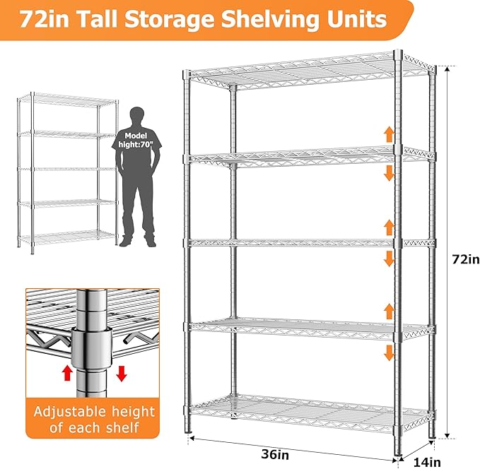 Storage Shelves Heavy Duty, 4 PCS 36" L x 14" W x 72" H Garage Wire Shelving Unit Loads 1750LBS, 5-Tier Adjustable Metal Industrial Utility Shelf Rack for Kitchen, Laundry Room, Warehouse, Basement