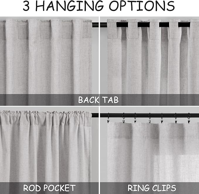 Grey Linen Textured 96 Inch Curtains 2 Panel Set Back Tab Rod Pocket Sheer Light Filtering Boho Room Decor Aesthetic Curtains Burlap Look Curtain Drapes for Living Room Bedroom 8Ft 40x96 Inch
