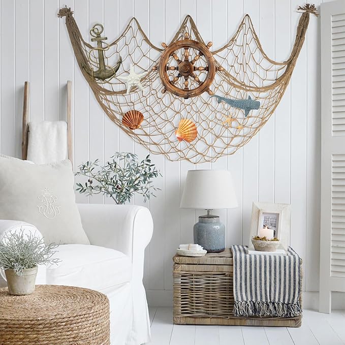 2 Pack Fish Net Decorations - 80x40 Inch Brown Fishing Net Decor for Under The Sea Hawaiian Beach Themed Party, 3mm Thick Natural Cotton Versatile Nautical Netting for Party Wall Table Ceiling Decor