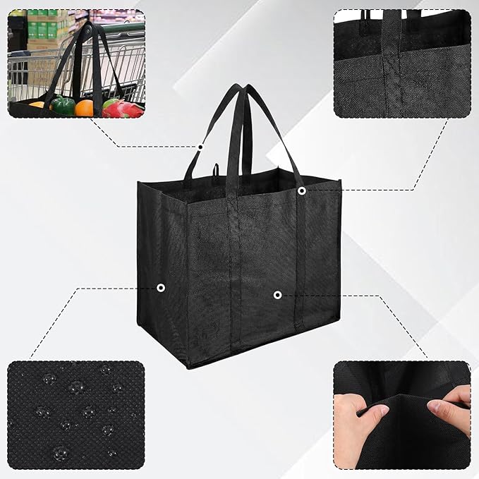 2 Pcs Foldable Reusable Grocery Bags With Reinforced Bottom & Handles, Heavy Duty Shopping Bags For Groceries, Black