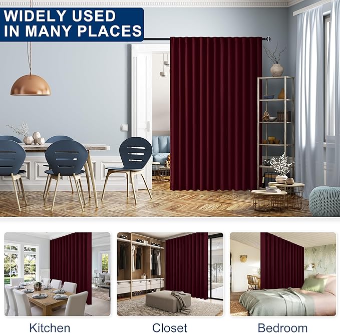 Hiasan Christmas Privacy Room Divider Patio Sliding Door Curtain Extra Wide Blackout Thermal Insulated Curtains with Back Tab & Rod Pocket for Bedroom Partition Living Room (120 x 84 Inches, Burgundy)
