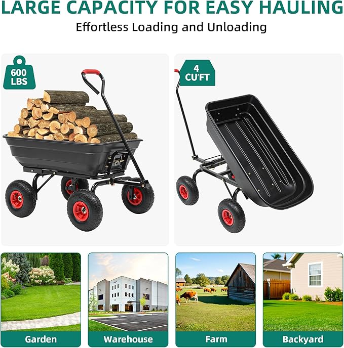 Garden Carts-600lbs Wagon Wheelbarrows with 4 Anti-Slip Tires & Quick-Release Dumping,Heavy Duty Utility Garden Dump Cart for Yard,Landscape and Christmas Hauling