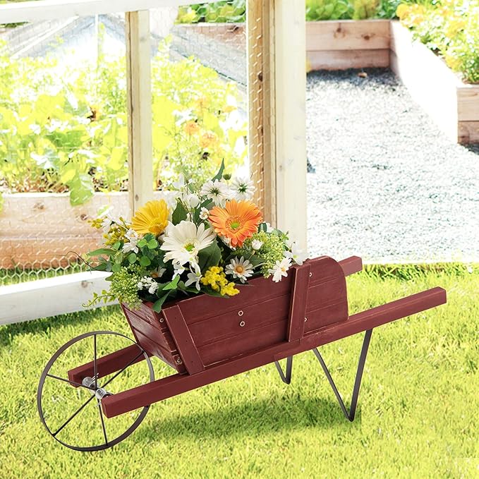 Wooden Wagon Planter, Flower Cart Display Stand w/Metal Wheels & Removable Magnetic Decoration, Wagon Decorative Garden Planter for Plants & Seasonal Displays, Pine Wood (Red)