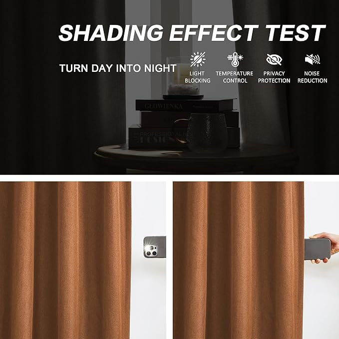DUALIFE Pinch Pleatd Blackout Curtains 92 Inches Long, Boho Linen Rustic Copper Color Retro Room Darkening Privacy Curtains Drapes with Hooks for Living Room Bedroom 2 Panels Terra Cotta Rust 50x92