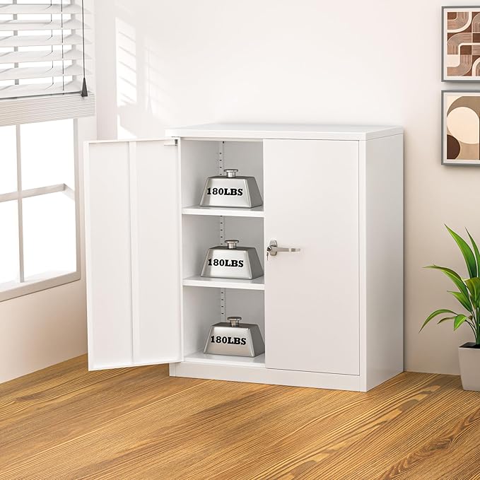 INTERGREAT Metal Garage Storage Cabinet, 36" Lockable Storage Cabinet with 2 Doors and 2 Adjustable Shelves, Steel White File Cabinet Great for Home Office, Garage, Warehouse, Study Room