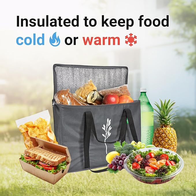 Green Bulldog 2Pack Insulated Grocery Bags – Foldable Reusable Cooler Bags with Handles for Everyday Use, Groceries, Food Delivery, and Shopping – 16”x9”x13”, Gray
