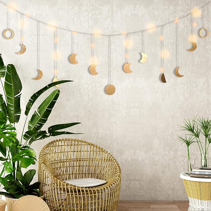 Moon Phase Wall Decor with LED String Light, 13 Gold Wood Boho Wall Hanging Decor Mood Garland 56'' - Celestial Phases Moon Decoration in Bohemian Style for Bedroom Living Room Thanksgiving Day Gifts