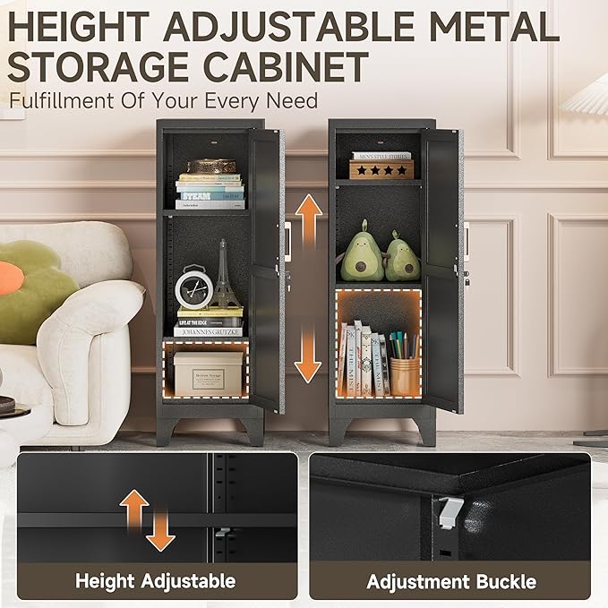 Bestoo Metal Locking Cabinet, 46" H Storage Locker with 1 Magnetic Door and 2 Adjustable Shelves, 3-Tier Black Storage Cabinet for Bathroom, Kitchen, Pantry, Home, Office, Garage