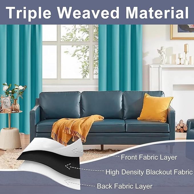 JIUZHEN Blackout Curtains for Bedroom - Thermal Insulated Room Darkening Rod Pocket Curtains for Living Room, Set of 2 Panels with Tiebacks, 38 x 84 Inch Length, Turquoise