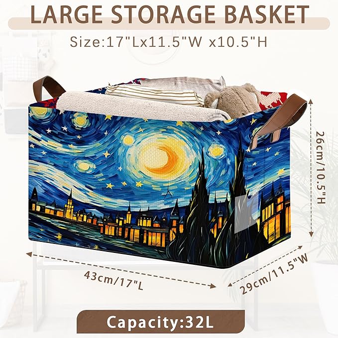 Artist Inspired Floral Storage Basket Large 17x11.5x10.5 Inche-Collapsible Fabric Organizer Bin with Handles for Living Room, Blankets-Decorative Hamper with Impressionist Flower-Single Pack