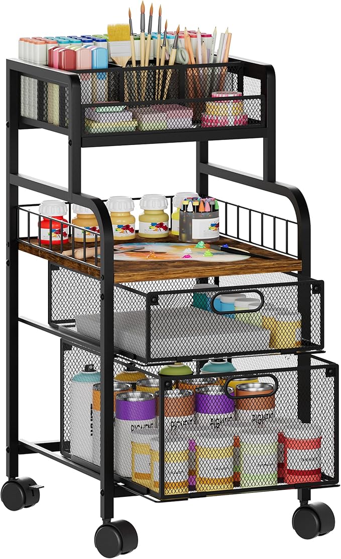SWTYMIKI Rolling Cart with Drawers - Metal Utility Cart with Wood Shelf, DIY Divider and Locking Wheels, Craft & Art Cart Organizer for Under Desk Storage for Home Office Studio, Black