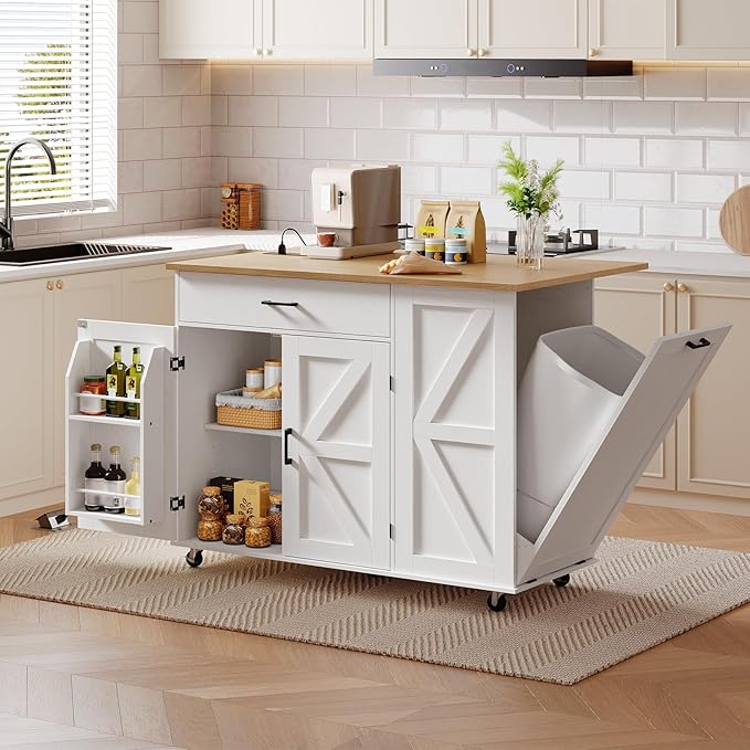 HOOBRO Kitchen Island with Power Outlet & Drop Leaf, Rolling Kitchen Island with Trash Can Storage, Island Table with Storage Cabinet, Towel Rack, for Dining Room, White and Natural WN50UZD01