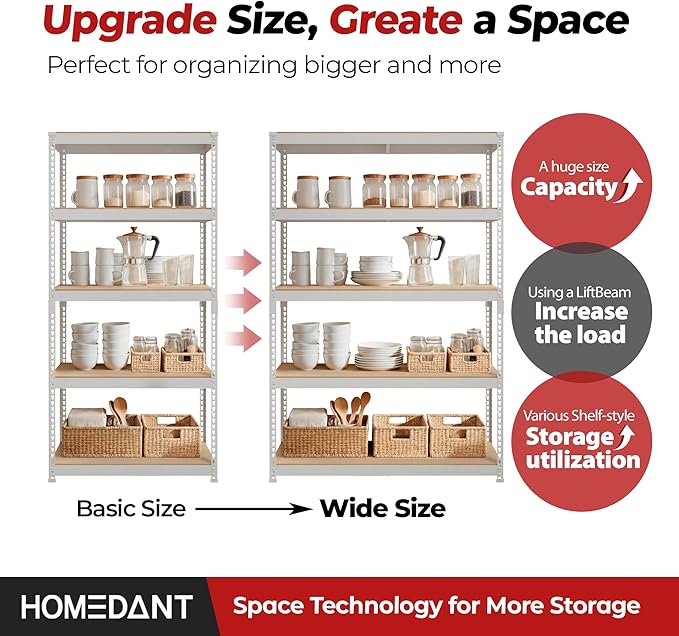 HOMEDANT 5 Tier Storage Shelves Adjustable Laminated Boltless Garage Metal Shelving Unit Heavy Duty Utility Rack Shelf Warehouse Pantry Closet Kitchen (4, (XL Deep) 48.1" W, White)