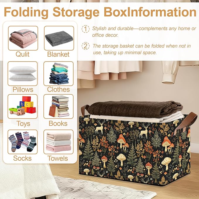 Decorative 32L Forest Mushroom Storage Bins with Handles, Organization and Storage, Cube Storage Organizer for Hamper, Nursery