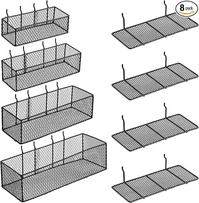 Hicarer 8 Pack Pegboard Baskets and Peg Board Racks Set, Pegboard Hooks, Square Style Wire Shelf Baskets, for Organize Tools, Workbench, Accessories, Garage Storage, Wall Organizer Attachments (Black)