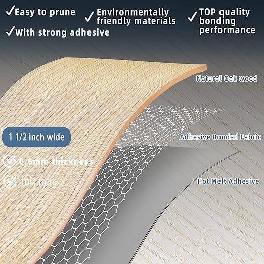 Oak Edge Banding, 1 1/2 inch x 10ft roll of Veneer White Edge Banding Pre-glued Flexible, Real Wood Tape for Cabinet Repair & Furniture Restoration