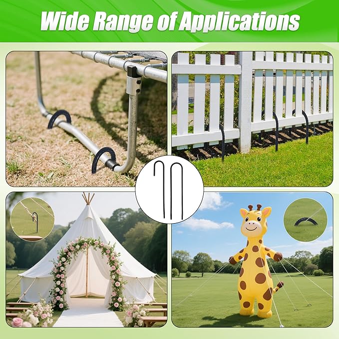 Anothera 16 Pack Trampoline Stakes Anchors High Wind, 12 Inches Tent Stakes Heavy Duty, Galvanized Steel Ground Stakes Kit, U Shaped Rebar Stakes for Trampoline, Tents, Fence