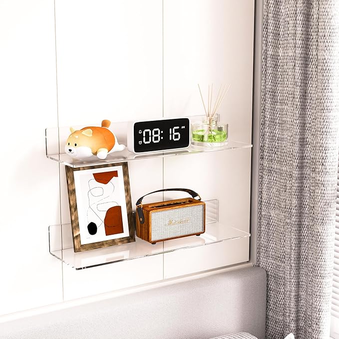 20 Inch Clear Wall Shelves for Wall, Wall Mounted Acrylic Floating Shelf for Plants, Speaker, Radio, Funko Pop, Stuffed Animal, Books, Cosmetics, Toiletries, 2 Pack (20 Inch)