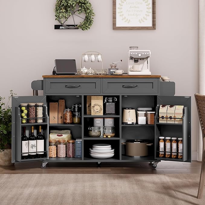 Kitchen Island with Power Outlets & Drop Leaf, Kitchen Cart with Storage, Drawer and Spice Rack, Tower Rack, Island Table, Black and Rustic Brown