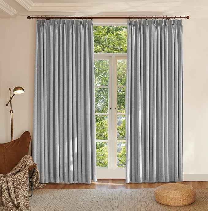 Textured Linen Double Pleated 100% Blackout Curtains for Bedroom/Living Room Blackout Curtains 96 Inches Long, Energy Saving Window Treatment Curtains,26Wx96Lx2,Grey