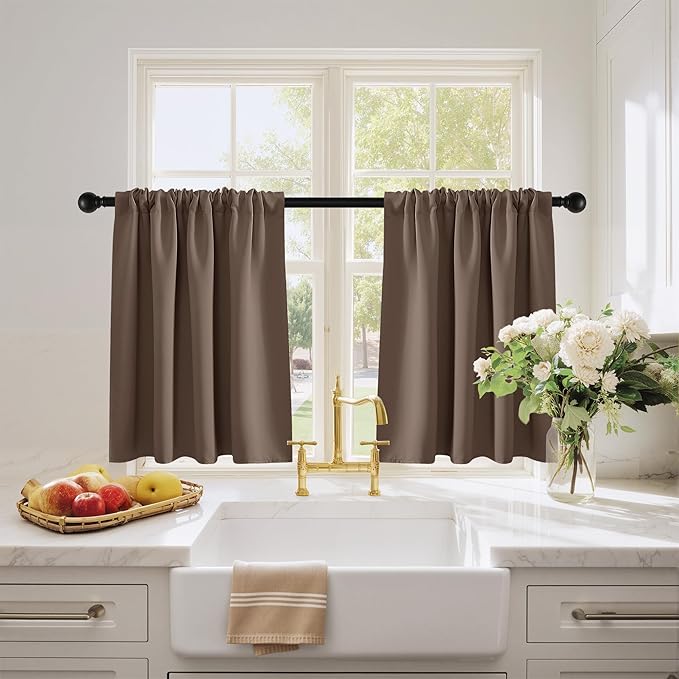 PONY DANCE Blackout Short Cafe Curtains for Bathroom - Light Block Privacy Drapes for Kitchen,Bedroom Window Decor, W 29 x L 24, Mocha, 1 Pair