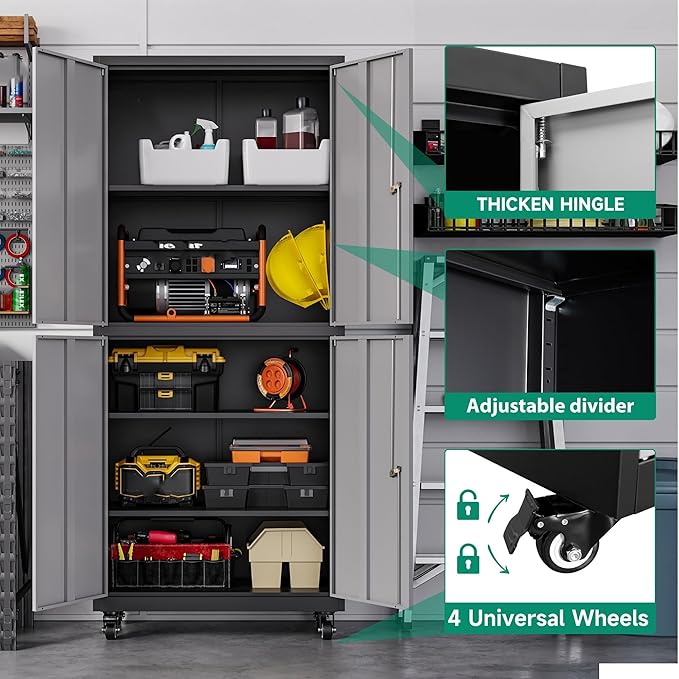 Letaya Metal Garage Storage Cabinet with Wheels,Steel Tool Rolling Cabinets with Lock Door and Adjustable Shelves fro Home Utility Organization Room (1PC-Black Gray)