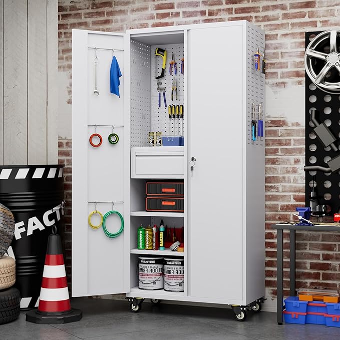 Metal Storage Cabinet with Drawers, Locking Garage Tool Cabinets on Wheels with Pegboards and Hooks for Warehouse Homes, Offices, Assembly Required