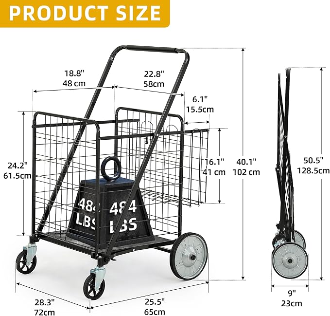 DWVO Super Jumbo Folding Shopping Cart Heavy Duty, Rolling Foldable Grocery Cart with Wheels, Portable Collapsible Utility Cart with Double Basket for Shopping Groceries Laundry Storage
