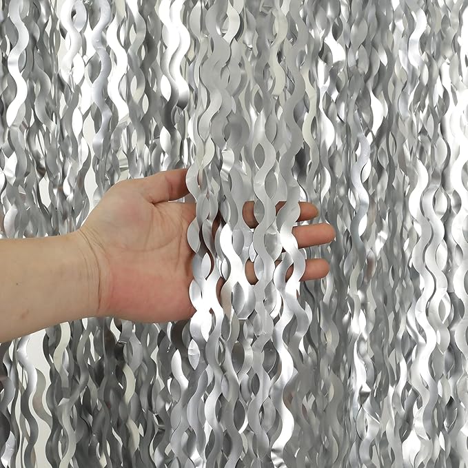 4 Pack 3.3x6.6ft Silver Foil Fringe Backdrop - Wavy Metallic Tinsel Foil Curtains Photo Booth Backdrop for Birthday Wedding Holiday | Silver Streamers Celebration Bachelorette Party Decorations
