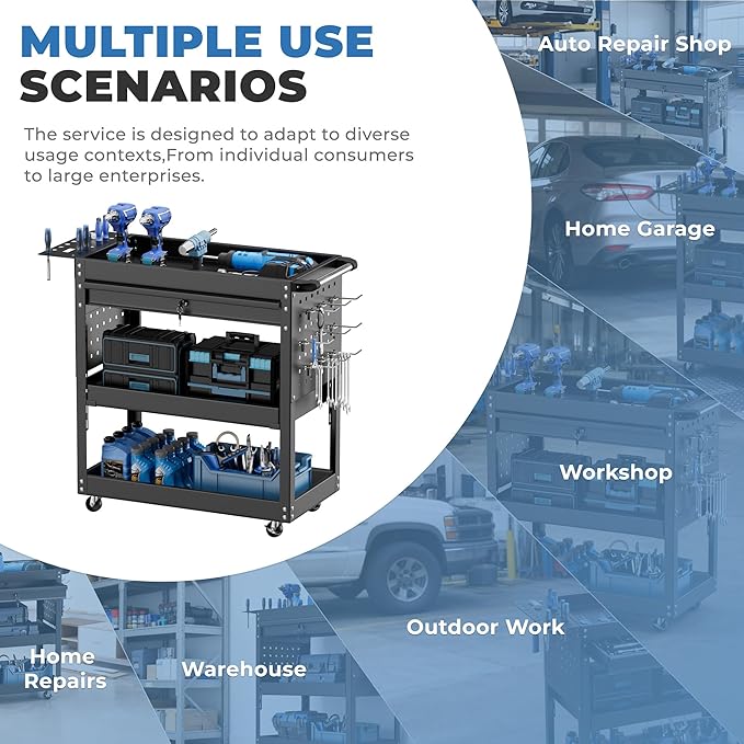 INTERGREAT 3-Tier Tool Cart, Heavy Duty Cart on Wheels, Industrial Mechanic Carts with Drawers and Pegboard, Tool Storage Cart for Garage, Warehouse, Black