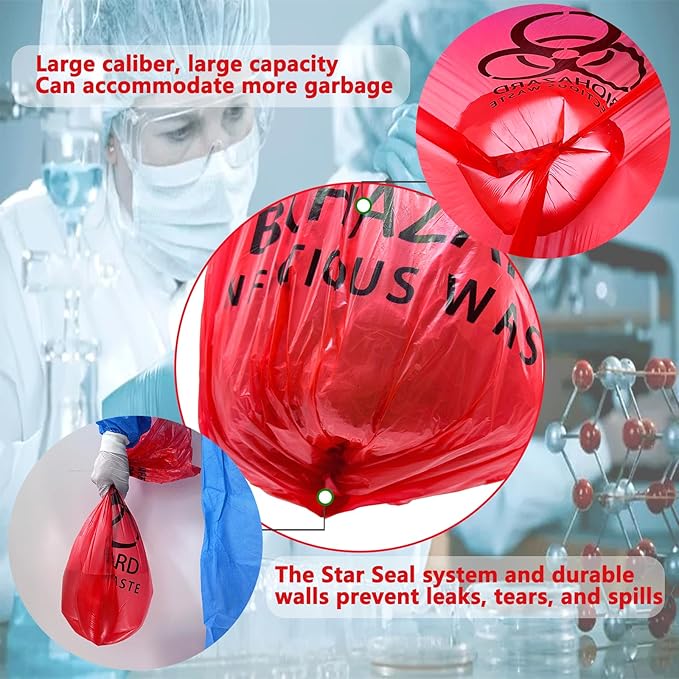 200 Count 24.4inx24.4in Biohazard Waste Bags, 10-Gallon Safe Infectious Waste Disposal Bags,Red Trash Liner,No Leak Bags, Medical Grade