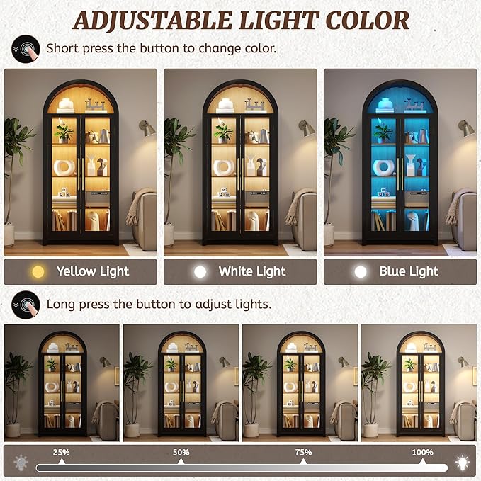 Vlsrka 71" Arched Display Cabinet with Glass Doors, Curio Cabinet with LED Light & Human Sensor, 5-Tier Display Cases for Collectibles, Storage Cabinet with Ajustable Shelf for Living Room(Black+Wood)