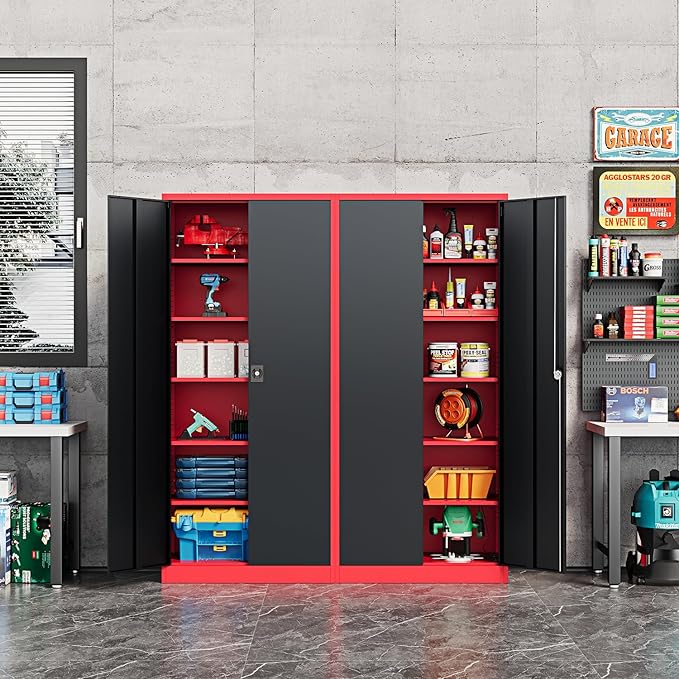 Metal Storage Cabinet-72” Tall Steel File Cabinets with Lockable Doors and Adjustable Shelves-Black&Red Steel Storage Cabinet for Kitchen, Office, Garage