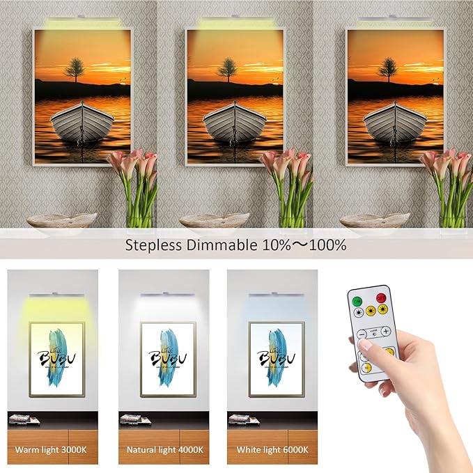 MIOBLUE Wireless Picture Lights with Remote, Metal 16in Recgargeable Battery Painting Light Display Lamp with 3 Lighting Modes, Dimmable Dartboard Light with Timer for Frame Portrait Art, Silver