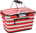 SIYUAN Picnic Basket with Handles 30L Leakproof Insulated Cooler Stripped Grocery Shopping Market Tote for Family Red White