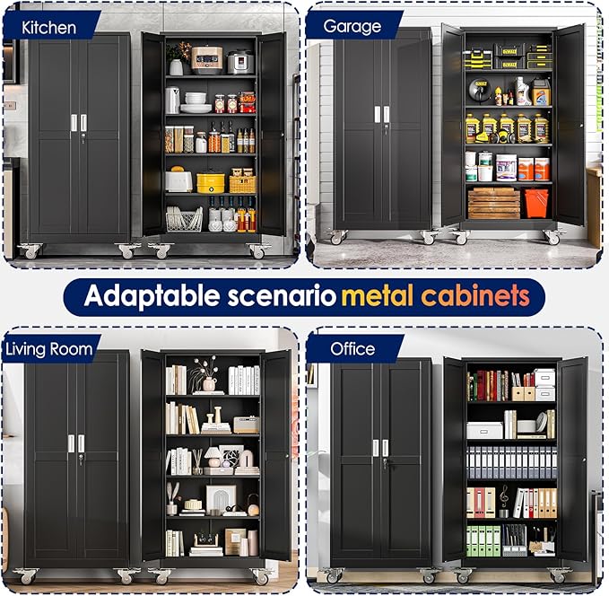 71" H Metal Garage Storage Cabinet, Rolling Tool Cabinet with 2 Doors and Wheels, Locker Steel Cabinet with 4 Adjustable Shelves, Organization Cabinet for Garage,Office,Home,Gym,School（Black）