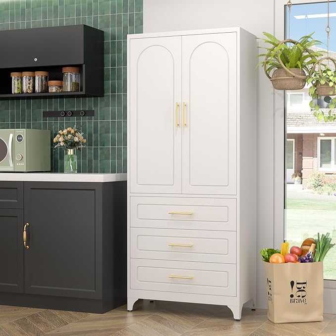 Metal Kitchen Pantry Cabinet with 3 Drawers，75 Inch White Food Pantry Cabinets for Kitchen Storage with 2 Adjustable Shelves,Tall Storage Cupboard for Living Room,Dining Room Office