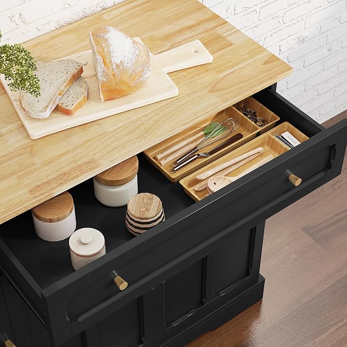 HLR Kitchen Island Cart with Storage, Carved Doors Modern Rolling Islands with Drop Leaf, Sideboard Buffet Cabinet on Wheels, Working Table for Kitchen, Dining Room (Black)