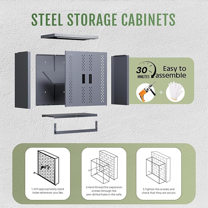 Metal Garage Cabinet, Storage Cabinets, Floating Garage Tool Cabinet with 2 Doors and Adjustable Storage Shelves, Heavy-Duty Tool Organizer for Warehouse, Basement, Kitchen