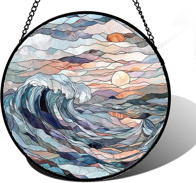 Stained Glass Window Hanging, Sunrise Waves Sun Catchers Diamond Glass Panel Hangings Abstract Suncatcher Decor for Birthday for Women, Men, Wife, Aunt, and Mom 6.3 in