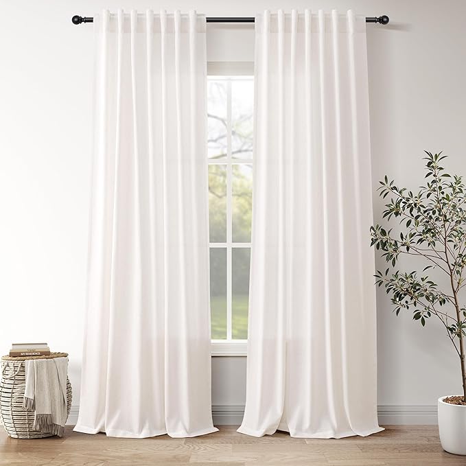 Ivory White Semi Sheer Linen Curtains 90 inch for Living Room Back Tab Rod Pocket Ivory White Cotton Textured Gauze Curtain Modern Farmhouse Coastal Decor 90 inches for Dining Room Office