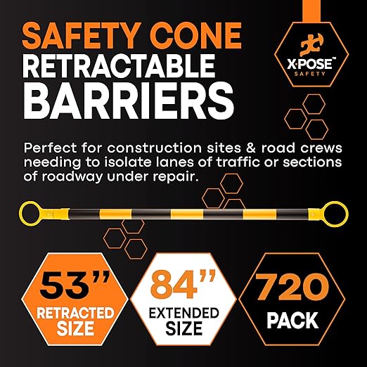 Retractable Barrier for Safety Traffic Cones - 2" OD - Large Yellow and Black Bar Barricade - for Road Construction, Parking, Warning, Temporary Security Divider (720, Yellow & Black, 53" x 84")