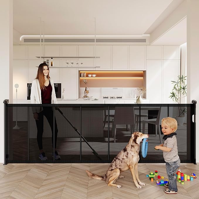 150" Extra Wide Retractable Baby Gates Dog Gate for Large Opening, 41" Extra Tall Mesh Pet Gate, Long Child Safety Gates with Fiberglass Rods for Stairways, Doorways, Hallways - Indoor/Outdoor Use