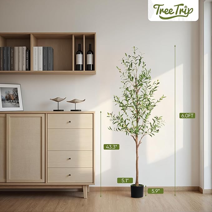 Artificial Olive Tree 6FT, Tall Faux Olive Trees for Indoor Outdoor, Realistic Potted Plant Natural Wood Trunk, Leaves and Fruits for Home Office Decor (1, 6FT)