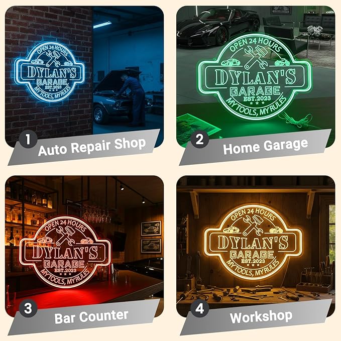 Custom Garage Neon Sign with Name, Personalized LED Garage Light for Men, Custom Home Garage Mechanic Shop Car Repair Man Cave Auto Workshop Wall Decor, Auto Workshop, Gift for Dad, Husband, Birthday